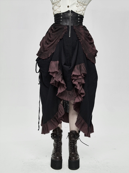 Punk Style Vintage Burgundy Pleated Layered Fabric Waist Stitching Leather Adjustable Drawstring Black Skirt