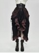 Punk Style Vintage Burgundy Pleated Layered Fabric Waist Stitching Leather Adjustable Drawstring Black Skirt