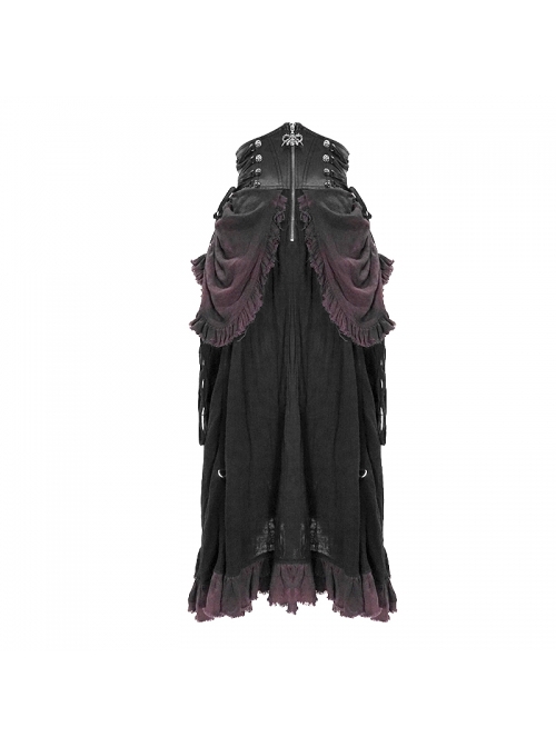 Punk Style Vintage Burgundy Pleated Layered Fabric Waist Stitching Leather Adjustable Drawstring Black Skirt