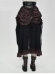 Punk Style Vintage Burgundy Pleated Layered Fabric Waist Stitching Leather Adjustable Drawstring Black Skirt