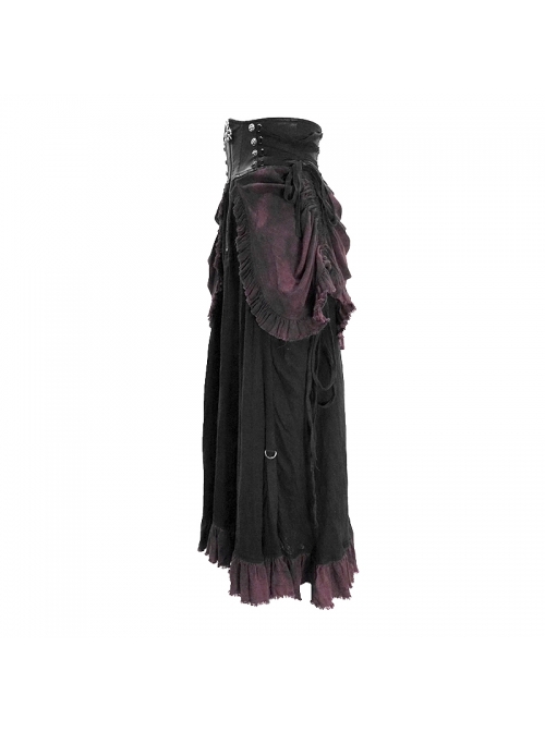 Punk Style Vintage Burgundy Pleated Layered Fabric Waist Stitching Leather Adjustable Drawstring Black Skirt