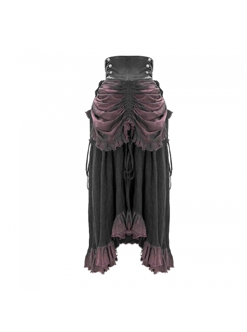 Punk Style Vintage Burgundy Pleated Layered Fabric Waist Stitching Leather Adjustable Drawstring Black Skirt