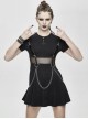 Punk Style Stretch Cotton Knitted Metal Ring At Waist With Detachable Chain Black Everyday Short Sleeved Dress