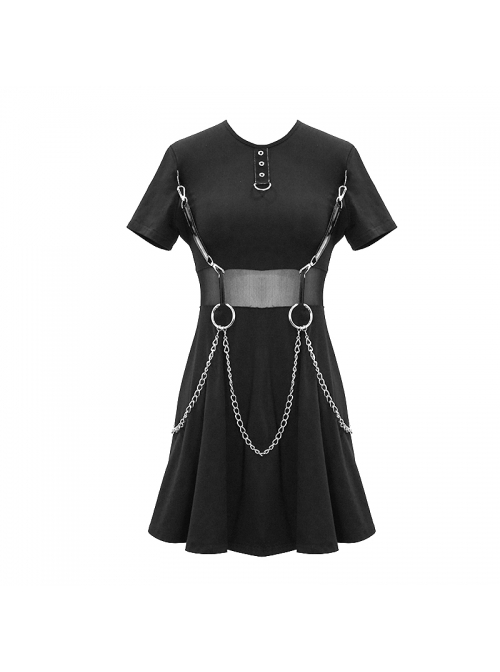 Punk Style Stretch Cotton Knitted Metal Ring At Waist With Detachable Chain Black Everyday Short Sleeved Dress