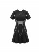 Punk Style Stretch Cotton Knitted Metal Ring At Waist With Detachable Chain Black Everyday Short Sleeved Dress