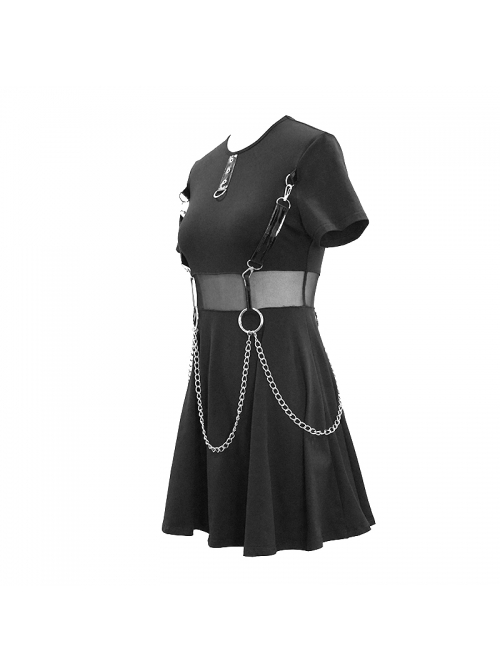 Punk Style Stretch Cotton Knitted Metal Ring At Waist With Detachable Chain Black Everyday Short Sleeved Dress