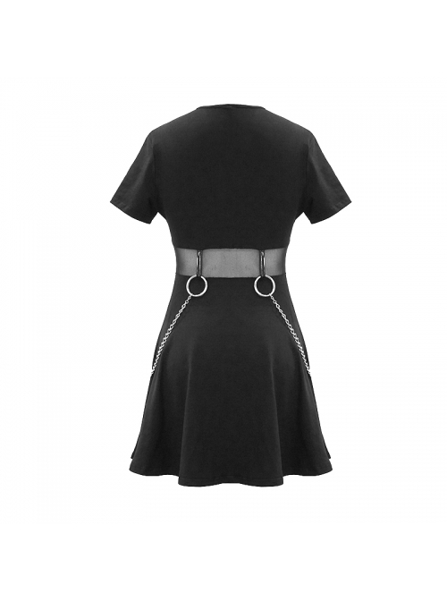 Punk Style Stretch Cotton Knitted Metal Ring At Waist With Detachable Chain Black Everyday Short Sleeved Dress