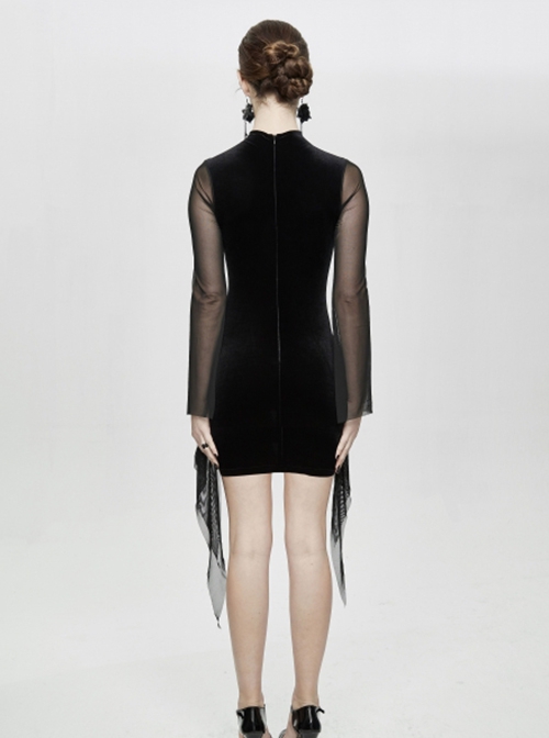 Gothic Style Sexy Velvet Splicing See Through Mesh Front Center Embroidery Embellishment Black Trumpet Sleeve Dress