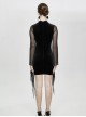 Gothic Style Sexy Velvet Splicing See Through Mesh Front Center Embroidery Embellishment Black Trumpet Sleeve Dress