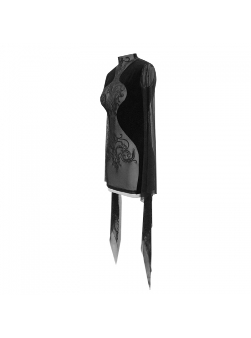 Gothic Style Sexy Velvet Splicing See Through Mesh Front Center Embroidery Embellishment Black Trumpet Sleeve Dress