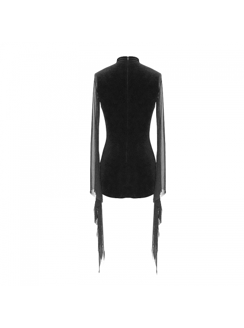 Gothic Style Sexy Velvet Splicing See Through Mesh Front Center Embroidery Embellishment Black Trumpet Sleeve Dress