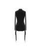 Gothic Style Sexy Velvet Splicing See Through Mesh Front Center Embroidery Embellishment Black Trumpet Sleeve Dress