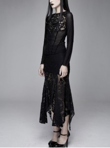 Gothic Style Gorgeous Palace Flocking Print Mesh With Irregular Hem Black Daily Hip Skirt