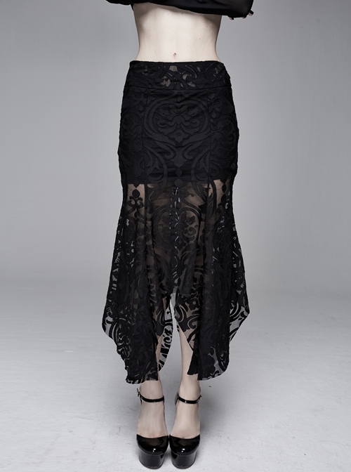 Gothic Style Gorgeous Palace Flocking Print Mesh With Irregular Hem Black Daily Hip Skirt