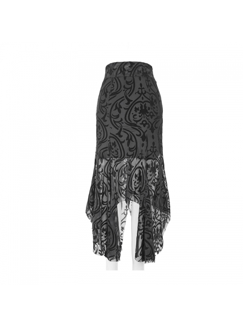 Gothic Style Gorgeous Palace Flocking Print Mesh With Irregular Hem Black Daily Hip Skirt