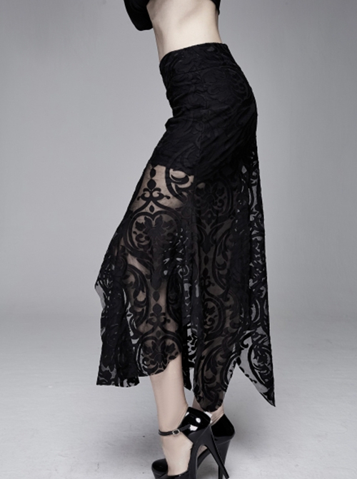 Gothic Style Gorgeous Palace Flocking Print Mesh With Irregular Hem Black Daily Hip Skirt