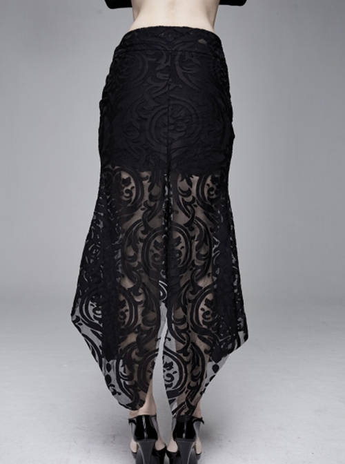 Gothic Style Gorgeous Palace Flocking Print Mesh With Irregular Hem Black Daily Hip Skirt