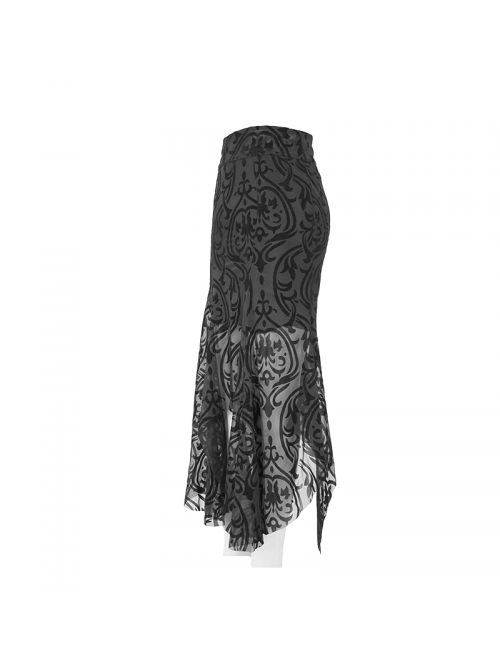 Gothic Style Gorgeous Palace Flocking Print Mesh With Irregular Hem Black Daily Hip Skirt