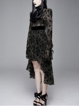 Gothic Style Elastic Flocking Printed Cuffs With Velvet Ribbon Decoration Black Long Sleeved Dress