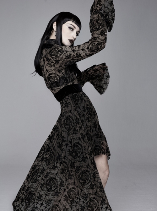 Gothic Style Elastic Flocking Printed Cuffs With Velvet Ribbon Decoration Black Long Sleeved Dress