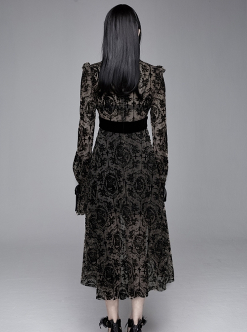 Gothic Style Elastic Flocking Printed Cuffs With Velvet Ribbon Decoration Black Long Sleeved Dress