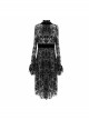 Gothic Style Elastic Flocking Printed Cuffs With Velvet Ribbon Decoration Black Long Sleeved Dress