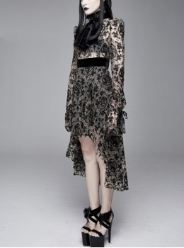 Gothic Style Elastic Flocking Printed Cuffs With Velvet Ribbon Decoration Brown Long Sleeved Dress