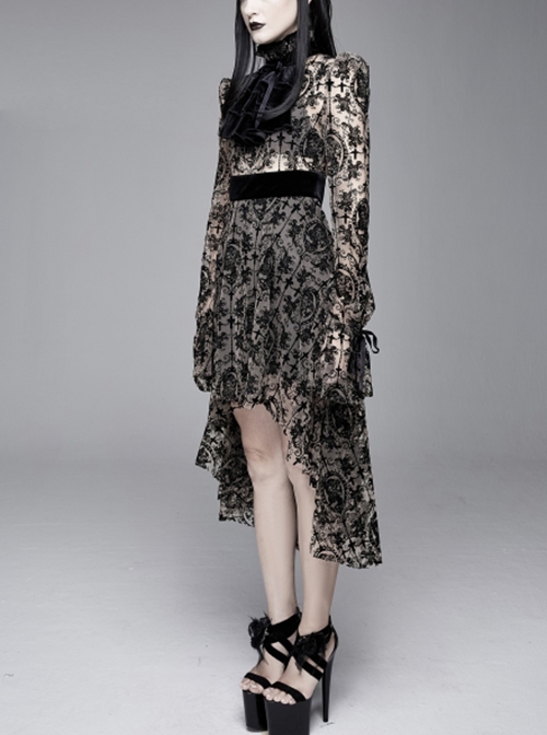 Gothic Style Elastic Flocking Printed Cuffs With Velvet Ribbon Decoration Brown Long Sleeved Dress