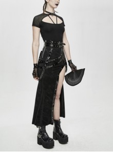 Punk Style Stretch Knit Patchwork Glazed Leather Side Slit Eyelet Black Sexy Skirt