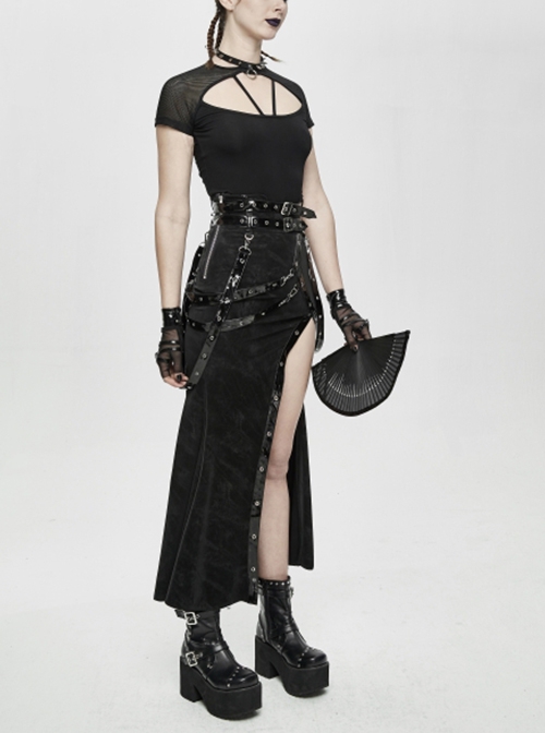 Punk Style Stretch Knit Patchwork Glazed Leather Side Slit Eyelet Black Sexy Skirt