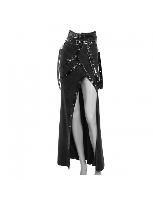 Punk Style Stretch Knit Patchwork Glazed Leather Side Slit Eyelet Black Sexy Skirt