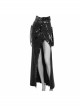 Punk Style Stretch Knit Patchwork Glazed Leather Side Slit Eyelet Black Sexy Skirt