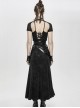 Punk Style Stretch Knit Patchwork Glazed Leather Side Slit Eyelet Black Sexy Skirt