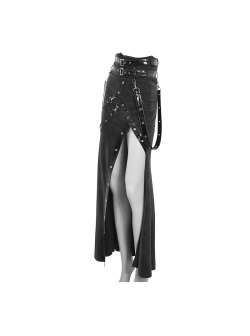 Punk Style Stretch Knit Patchwork Glazed Leather Side Slit Eyelet Black Sexy Skirt