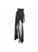 Punk Style Stretch Knit Patchwork Glazed Leather Side Slit Eyelet Black Sexy Skirt