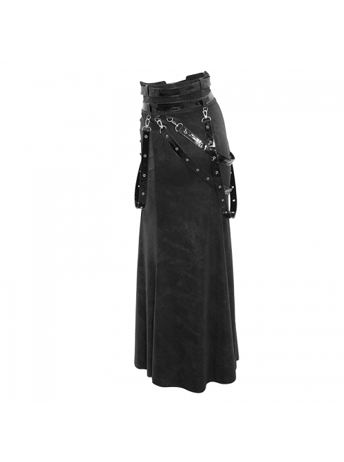 Punk Style Stretch Knit Patchwork Glazed Leather Side Slit Eyelet Black Sexy Skirt