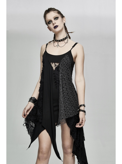 Punk Style Asymmetric Stretch Knit Patchwork Chaotic Mesh Black Adjustable Suspender Dress