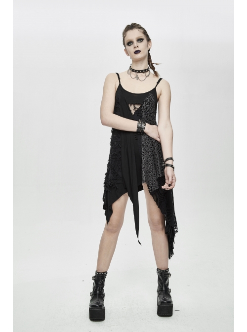 Punk Style Asymmetric Stretch Knit Patchwork Chaotic Mesh Black Adjustable Suspender Dress