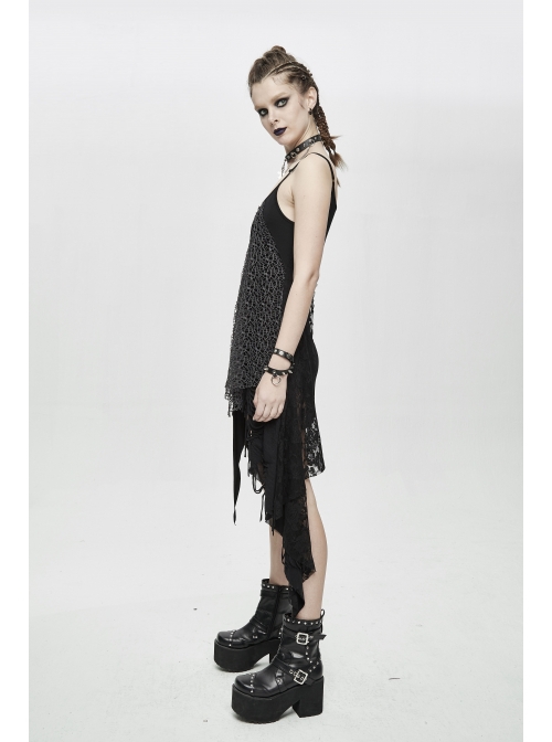 Punk Style Asymmetric Stretch Knit Patchwork Chaotic Mesh Black Adjustable Suspender Dress