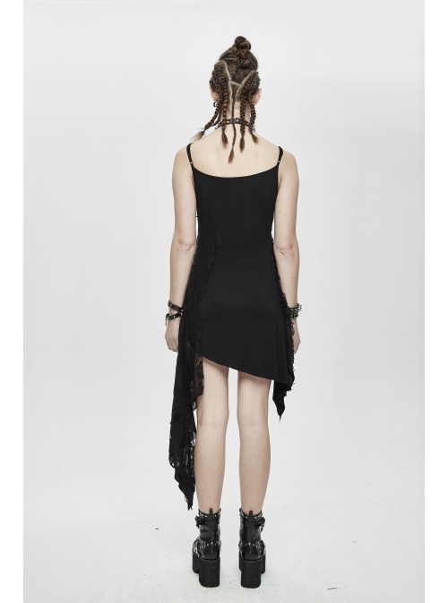 Punk Style Asymmetric Stretch Knit Patchwork Chaotic Mesh Black Adjustable Suspender Dress