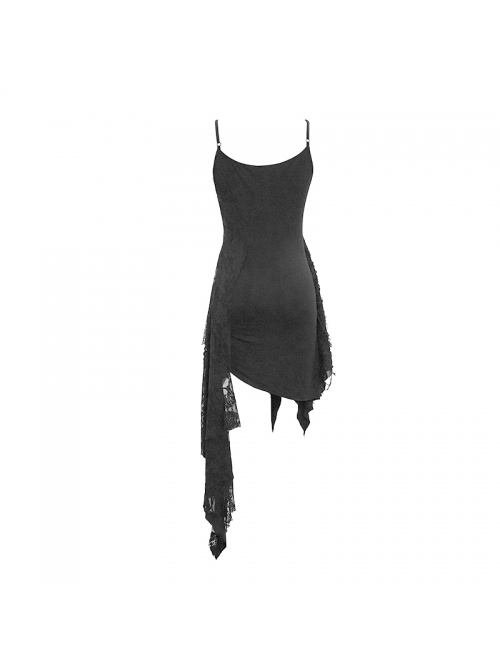 Punk Style Asymmetric Stretch Knit Patchwork Chaotic Mesh Black Adjustable Suspender Dress