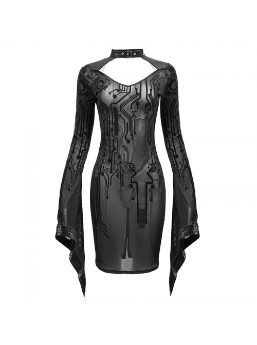 Punk Style Mechanical Flocking Print Pattern Neckline Adjustable Buckle Black See Through Trumpet Sleeve Dress