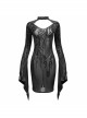 Punk Style Mechanical Flocking Print Pattern Neckline Adjustable Buckle Black See Through Trumpet Sleeve Dress