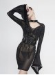 Punk Style Mechanical Flocking Print Pattern Neckline Adjustable Buckle Black See Through Trumpet Sleeve Dress