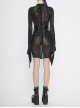 Punk Style Mechanical Flocking Print Pattern Neckline Adjustable Buckle Black See Through Trumpet Sleeve Dress