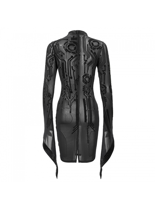 Punk Style Mechanical Flocking Print Pattern Neckline Adjustable Buckle Black See Through Trumpet Sleeve Dress