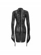 Punk Style Mechanical Flocking Print Pattern Neckline Adjustable Buckle Black See Through Trumpet Sleeve Dress