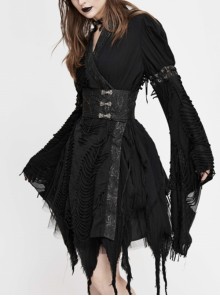 Punk Style Irregular Rag Knit With Double Jacquard Mesh Black Long Sleeved Dress