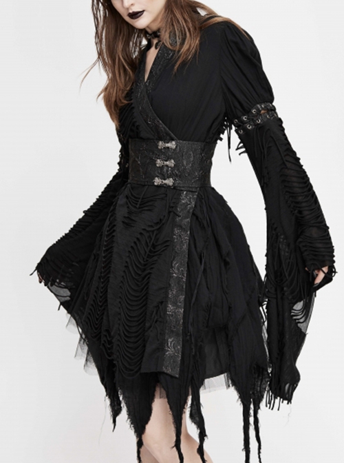 Punk Style Irregular Rag Knit With Double Jacquard Mesh Black Long Sleeved Dress