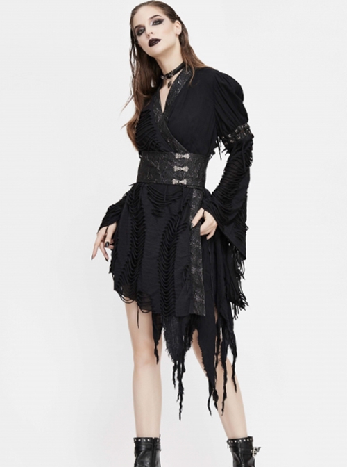 Punk Style Irregular Rag Knit With Double Jacquard Mesh Black Long Sleeved Dress